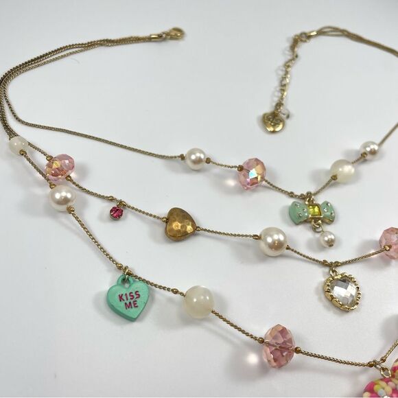 Betsey Johnson Candyland Gold Tone Multi Layer Beaded Heart Pendant Necklace - Picture 9 of 10